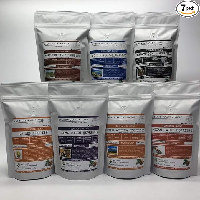 Smokin Beans 7 Bean Espresso Box 7-Bags 8-oz Each Our Signature Blends Various Roasts Premium Whole Bean Specialty Coffee