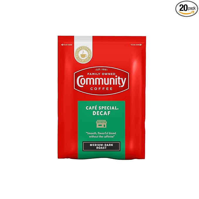 Community Coffee Café Special Decaf Medium Dark Roast Pre-Measured Coffee Packs 2.5 Ounce Each (Pack of 20)