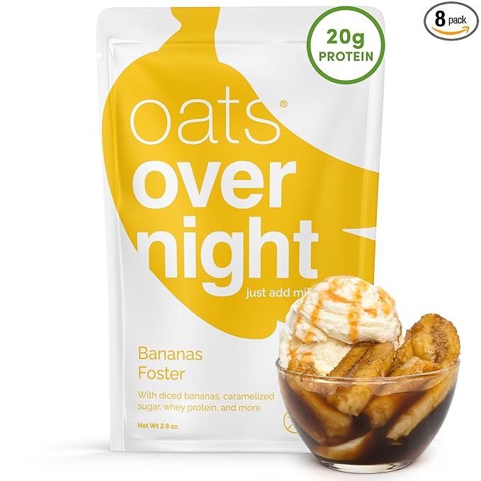 Oats Overnight Bananas Foster - Overnight Oats with 20g Whey Protein High Fiber Breakfast Protein Shake - Gluten Free Oatmeal Non GMO High Protein Oatmeal (2.8 oz per Meal) (8 Pack)