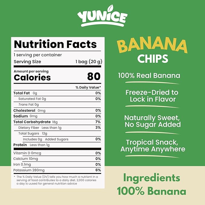 YUNiCE Freeze-Dried banana chips 100% Real Fruit Single Ingredient Snack Naturally Sweet &amp Crunchy No Sugar Added Gluten Free Plant-Based On-The-Go Packs BANANA 0.70 Ounce (Pack of 12)