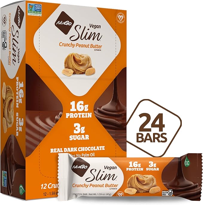 NuGo Slim Dark Chocolate Crunchy Peanut Butter 24 Count Chocolate Mint 24 Count 16-18g Vegan Protein 3g Sugar Bars Bundle