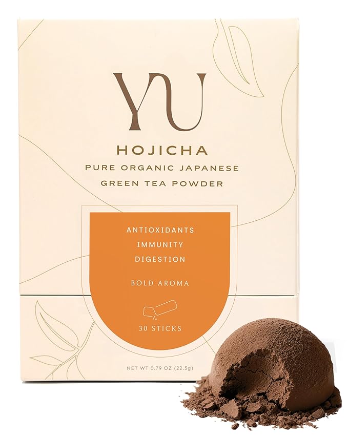 Yu Tea Organic Hojicha Green Tea Powder 30 Instant Packets | Rich in Antioxidants &amp EGCG | Pure Japanese Roasted Green Tea | Low Caffeine &amp Unsweetened Matcha Alternative | Single Serve Stick