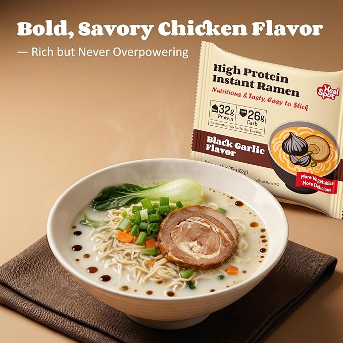 Healspot High Protein Instant Ramen 6 Pack Non Fried Ramen Broth 32g Plant Based Protein Low Fat Low Carb Non GMO Keto Friendly &amp Plant Based(Black Garlic Classic-Pork Flavor)