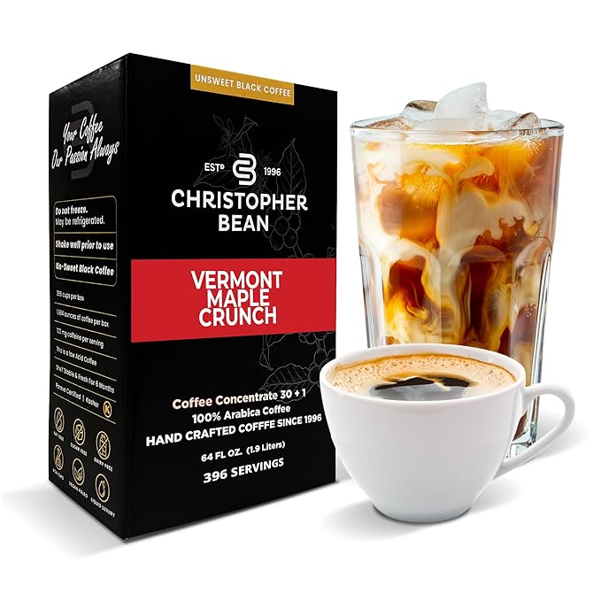 Christopher Bean Coffee - 396 servings 30 to 1 Blend Bag in Box Liquid Instant Coffee or Cold Brew Coffee Concentrate - Hot or Iced Coffee - Vermont Maple