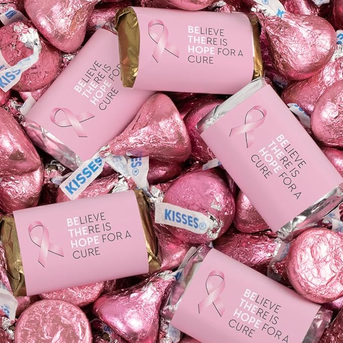 131 Pcs Breast Cancer Awareness Candy Gift Wrapped Miniatures and Pink Kisses (1.65 lbs)