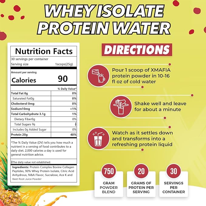 XMafia - Clear Whey Protein Isolate Powder – 20g Protein + Collagen Peptides 30 Servings Zero Sugar Refreshing Light Protein Drink Water Whey Powder Protein Shake Lactose Free – Tropical