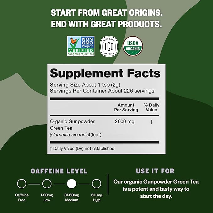 FGO Organic Gunpowder Green Tea Loose Leaf 16oz Bulk Resealable Bag Packaging May Vary (Pack of 1)