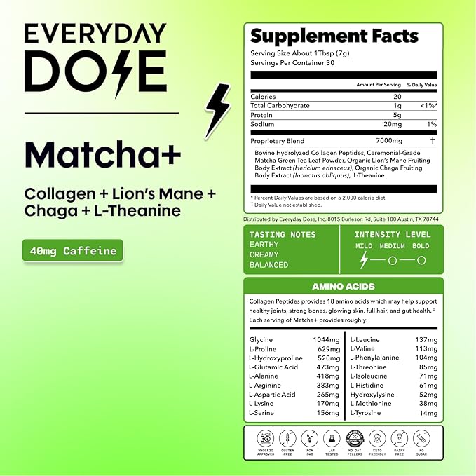 Everyday Dose Mushroom Matcha+ Ceremonial Grade Matcha Powder - Japanese Tea With Grass-Fed Collagen Lion's Mane Chaga L-Theanine - For Better Focus Energy Digestion and Immunity - 30 Servings