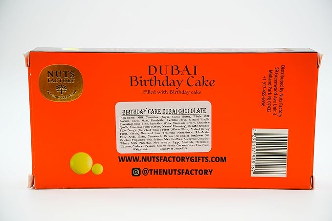 Nuts Factory – Dubai Chocolate Bars – Birthday Cake Flavor– Pack of 2 (Full Size Birthday Cake)