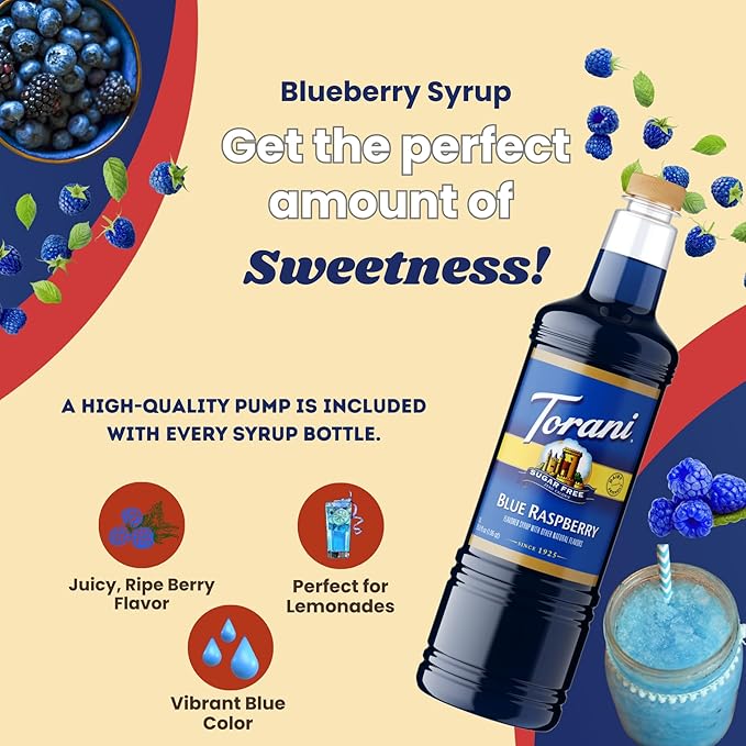 Torani Sugar Free Blue Raspberry Syrup 1 Liter Bottle with Pump Keto Friendly Zero Calorie Low Carb Diabetic Safe Flavoring for Coffee Shakes Snow Cones and Cocktails