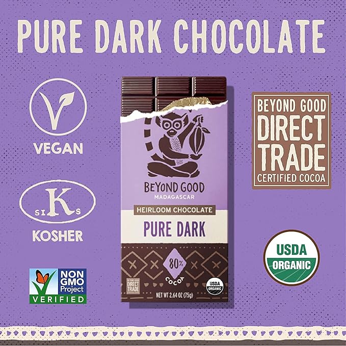 Beyond Good 80% Cocoa Pure Dark Chocolate | 12 Pack - Chocolate Bars | Organic Direct Trade Vegan Kosher Non-GMO | Single Origin Heirloom Madagascar Dark Chocolate