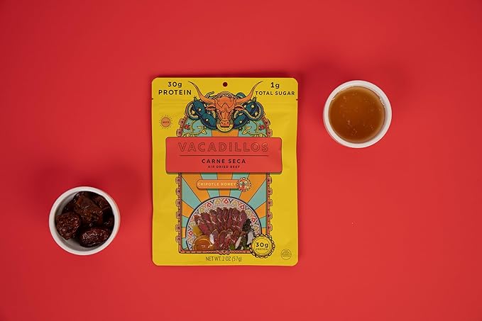 Vacadillos - High Protein Carne Seca | 30g Protein Sugar Free Carbs Free Gluten Free Dairy Free Keto &amp Paleo Friendly | Mexican Inspired Beef Jerky Snack | Chipotle Honey Pack Of 4