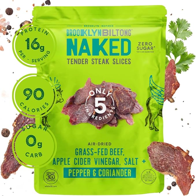 Brooklyn Biltong Air Dried Grass Fed Beef Snack South African Beef Jerky (Pepper &amp Coriander 8 oz Pack of 1)- Whole30 Approved Paleo Keto Gluten Free Sugar Free
