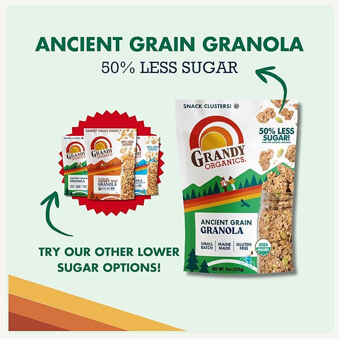 Grandy Organics Ancient Grain Granola - 6g Protein Snackable Granola Clusters - Whole Grain Low Sugar Gluten Free Non-GMO Certified Organic Healthy Snacks - Pack of 6