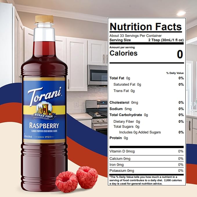 Torani Sugar Free Raspberry Syrup 1 Liter Bottle with Pump Dispenser – Zero Sugar Zero Calories Keto Friendly Gluten Free Sweet &amp Tart Raspberry Flavor for Coffee Lemonade Cocktails &amp Mor