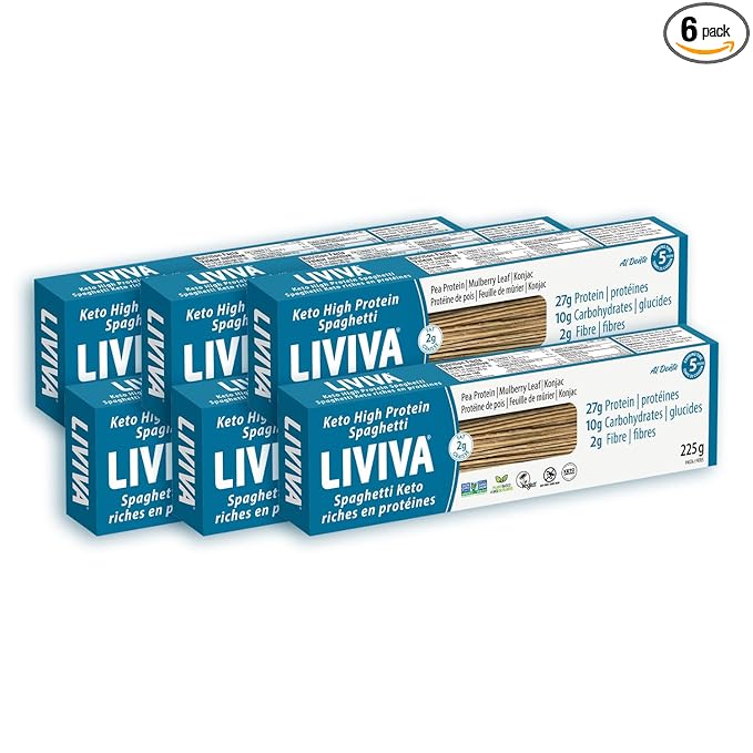 LIVIVA Low Carb High Protein KETO Pasta – 135 g Protein per Box with Pea Protein &amp Konjac Flour - 8g Net Carbs Diabetic-Friendly - Ready to Eat in 3 – 4 mins - Healthy Al Dente Pasta (6 Pack Spa