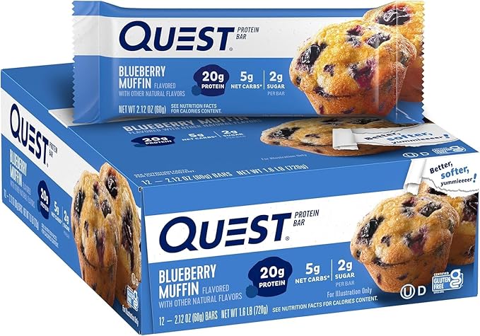 Quest Nutrition Crispy Chocolate Peanut Butter Hero Protein Bar 18g Protein 12 Count and Blueberry Muffin Protein Bars 21g Protein Gluten Free Keto Friendly 12 Count Pack of 1