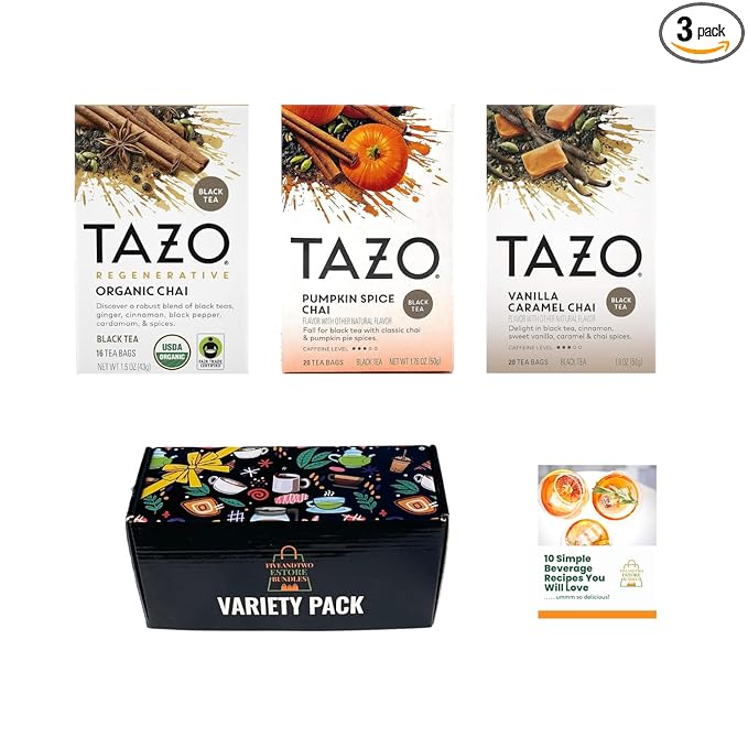 Fall Chai Tea Sampler - 56 Black Tea Bags Variety Pack with Pumpkin Spice Organic Chai Vanilla Caramel Chai &amp Tea Recipe eBook - Perfect Fall Tea Assortment in Gift Box (56pcs)