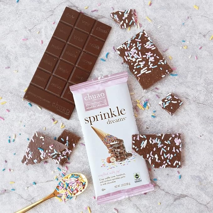 Chuao Chocolatier Sprinkle Dreams Milk Chocolate Bars | Gourmet No Preservatives | For Gift Baskets Christmas Birthday Thank You Care Package | 12 Pack