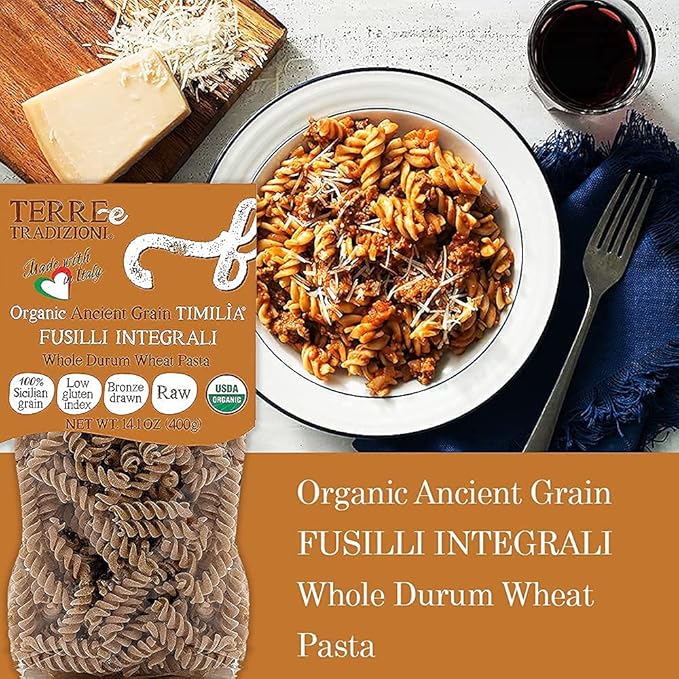 3 PACKS ORGANIC ITALIAN WHOLE DURUM WHEAT FUSILLI PASTA – Sicilian Ancient Grain Timilia Vegan Pasta Crafted in Italy. LOW-GLUTEN INDEX. Has 6X More Fiber and Protein than Popular Grains. Al dente tex