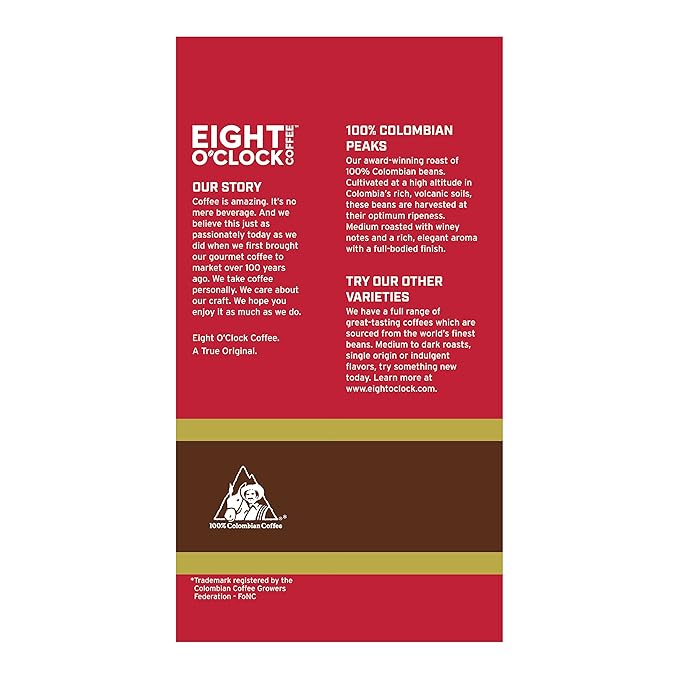 Eight O'Clock Coffee 100% Arabica Colombian Peaks Medium Roast Ground Coffee Kosher Certified 20 Oz (Pack of 2)