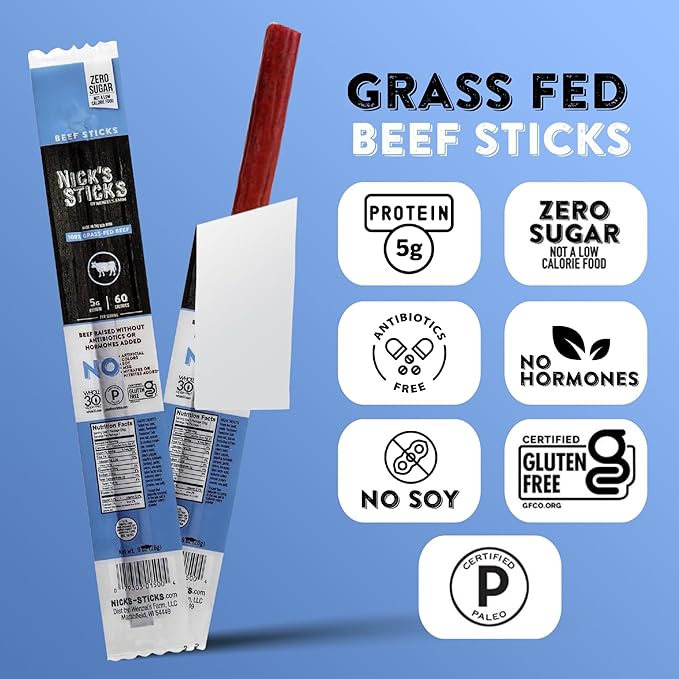 Nick's Sticks Clean &amp Balanced 100% Grass-Fed Beef Snack Sticks | Made in the USA | Gluten Free | Paleo Keto Whole30 Approved | No Soy Antibiotics or Hormones (12 – .9 oz. Packages of 1 Stick)