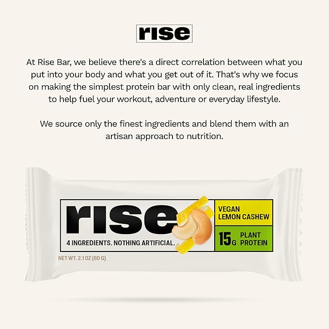 Rise Pea Protein Bar - Vegan Lemon Cashew | Breakfast Bar &amp Protein Snack 15g Protein Just 3 Whole Food Ingredients Non-GMO Gluten-Free Soy Free