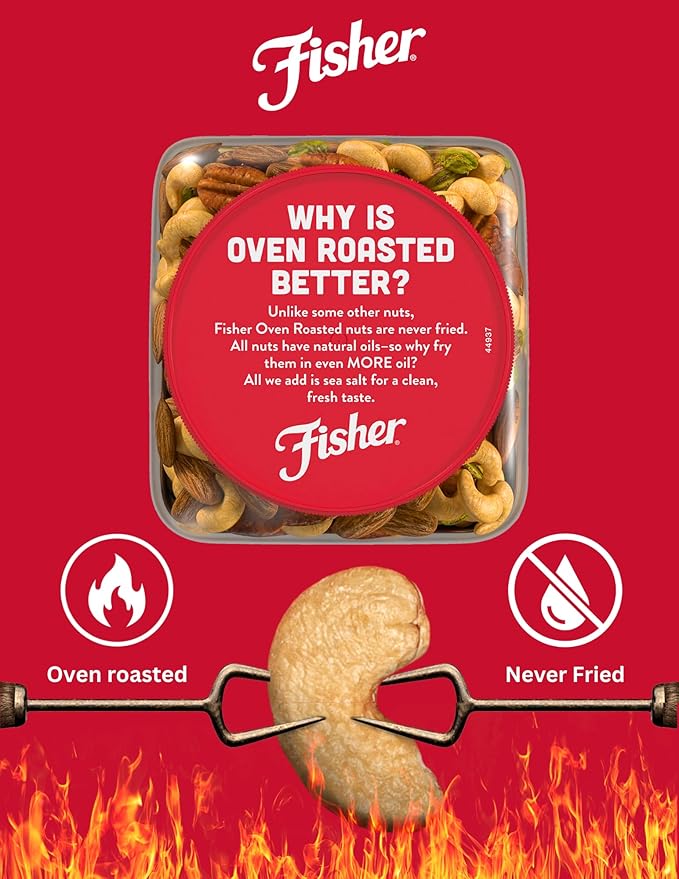 Fisher Oven Roasted Never Fried Deluxe Mixed Nuts 24 Ounces (Pack of 1) Almonds Cashews Pecans Pistachios Healthy Snacks for Adults Made With Sea Salt No Added Oil Trail Mix Gluten Free