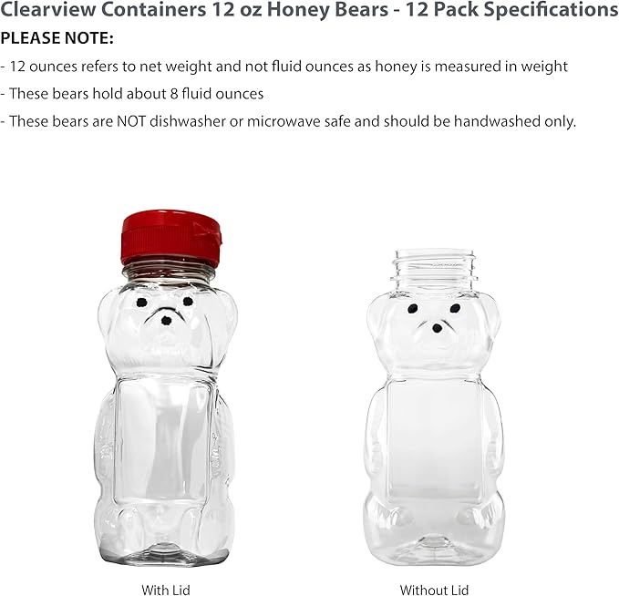 12 Ounce Clear Plastic Squeezable Honey Bears with Sealable Flip Top Lids - BPA Free Hand Wash Only (Red 12 Pack)