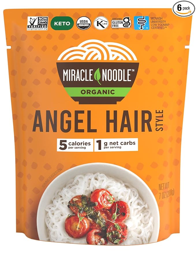 Miracle Noodle Ready to Eat Organic Angel Hair Pasta 7 Oz (Pack of 6) Plant Based Shirataki Konjac Noodles 5 Calories 1g Net Carbs Per Serving Keto Gluten-Free