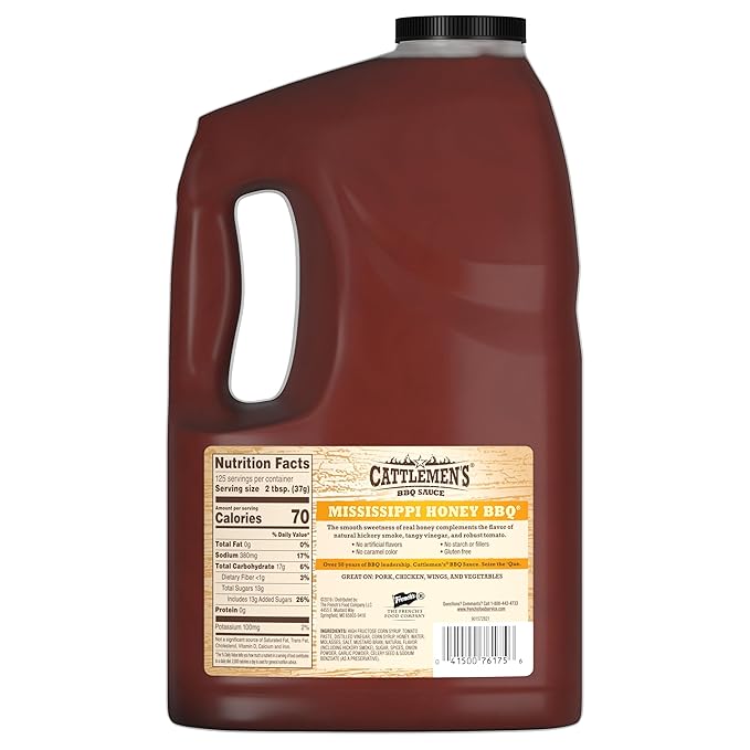 Cattlemen's Mississippi Honey BBQ Sauce 1 gal - One Gallon Bulk Container of Mississippi Honey Barbecue Sauce Blend of Honey Vinegar Hickory and More for Dipping and Barbecue Recipes