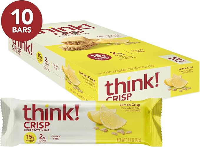 think! Protein Bars High Protein Snacks Gluten Free Kosher Friendly Lemon Crisp 10 Count (Packaging May Vary)