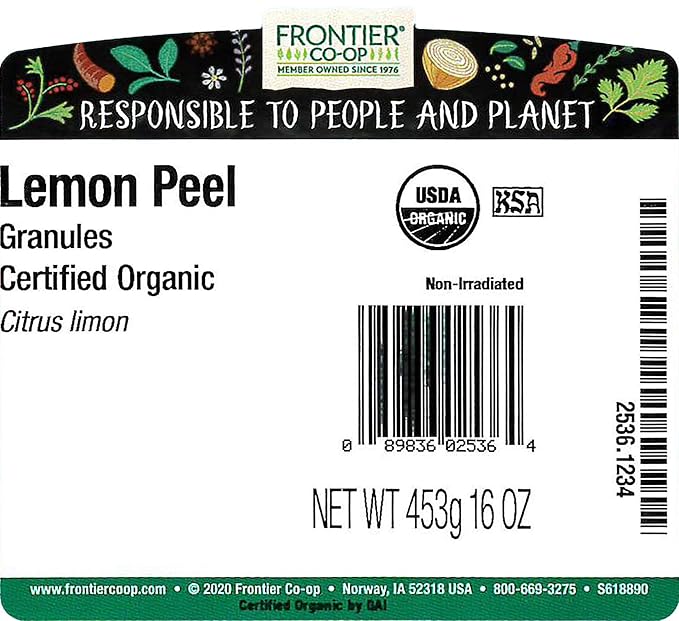 Frontier Co-op Organic Lemon Peel Granules 1lb Bulk Bag Natural Dried Peel | Made with Pure Lemon Zest | Kosher Certified | Ideal for Baking