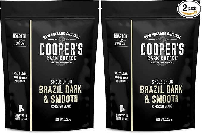 Espresso Ground Coffee Beans | Brazilian Strong Smooth &amp Creamy Medium Dark Roast Single Origin Coffee 12 oz Bag By The Master Roasters Of Cooper's Cask Coffee Coffee (Pack of 2)