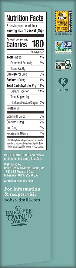 Bob's Red Mill Instant Oatmeal Classic 24 Packets Total (1 Box/6 per Box) Non-GMO Gluten Free Whole Grain