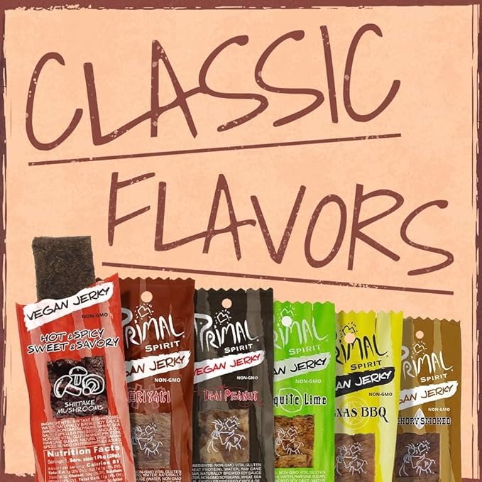 Primal Spirit Vegan Jerky – “Classic Flavor” – Texas BBQ 10 g. Plant Based Protein Certified Non-GMO No Preservatives Sports Friendly Packaging (24 Pack 1 oz)