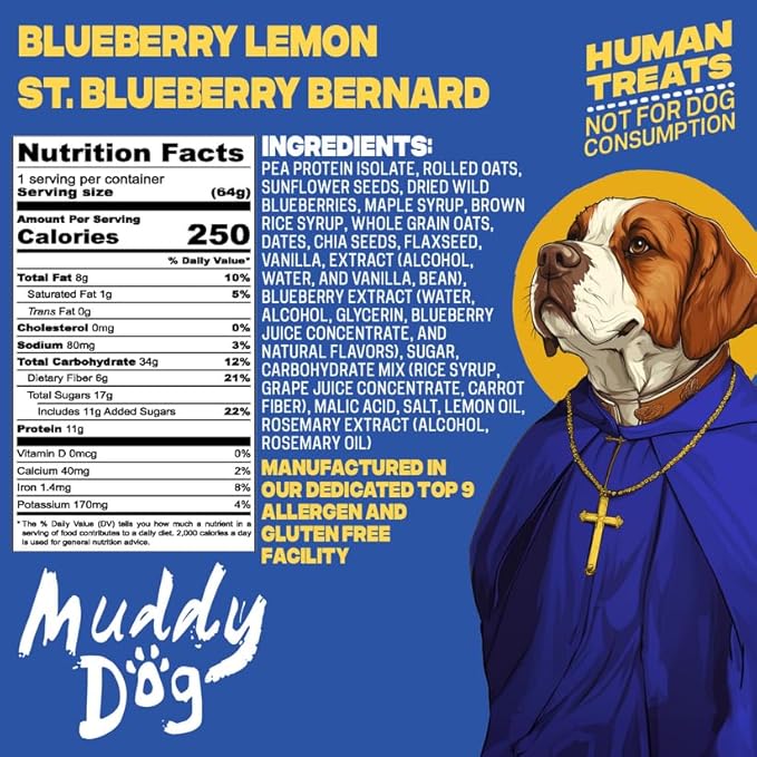 Muddy Dog Human Treats - St. Blueberry Bernard - Blueberry Lemon Energy Bar - Gluten-Free Nut-Free Granola Bars (12 Pack)