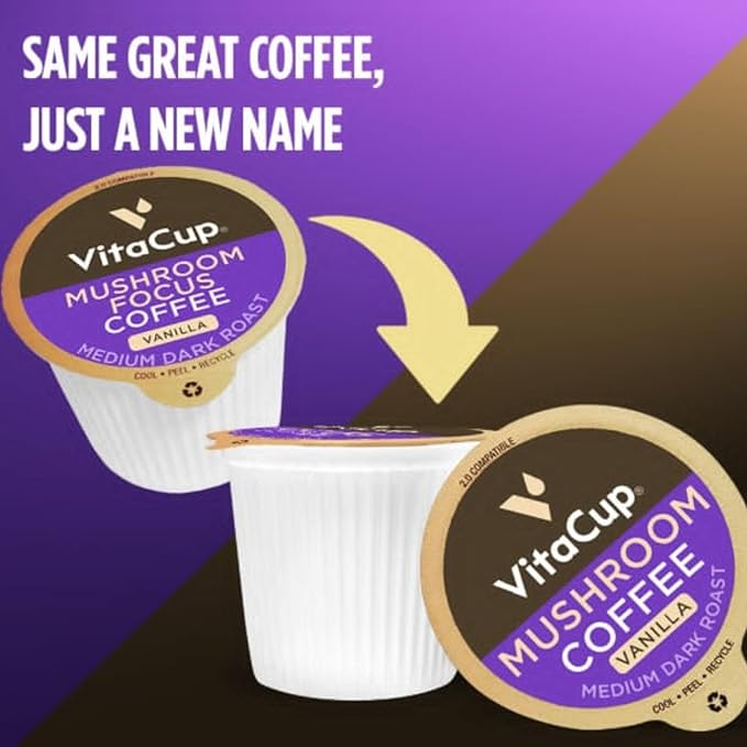 VitaCup Mushroom Coffee Pods Vanilla Flavored Coffee with Chaga Lion’s Mane Vitamins Medium Dark Roast Arabica Beans Single Serve Pods Compatible with Keurig K-Cup Brewers 64 Ct