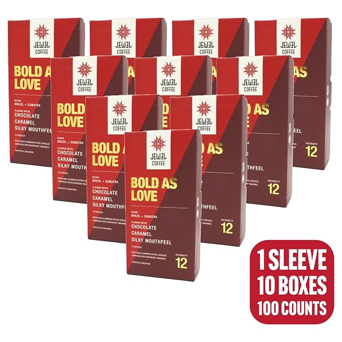 Jewel Coffee Specialty Coffee Pods - Bold As Love Blend 100% Arabica Coffee Intensity 12 Medium Roast Compatible with Original Nespresso Machines 100 Count (10 Boxes of 10 Espresso Capsules)