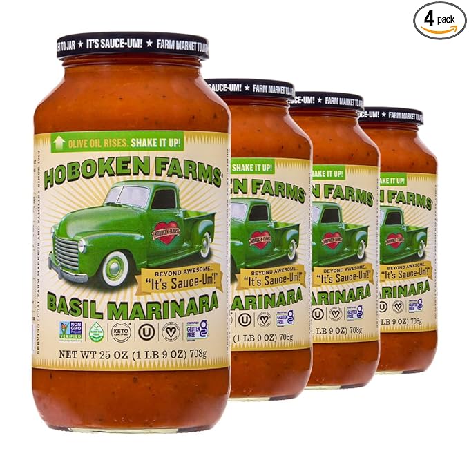 Hoboken Farms Basil Marinara Sauce - No Sugar Added Low Sodium Non-GMO Preservative-Free Low Carb Keto – Better For You Pasta Sauce! (25 Fl Oz Pack of 4)