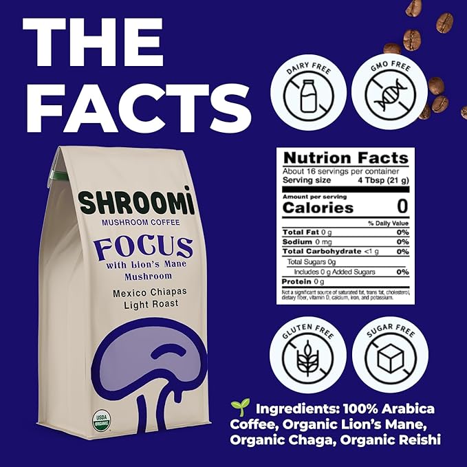 Shroomi Award-Winning Mushroom Focus Coffee - 16000mg Lions Mane Blend | Organic Brain Coffee Ground with Reishi and Chaga | Mental Clarity and Calm Energy | Light Roast for Creative Flow | 10oz