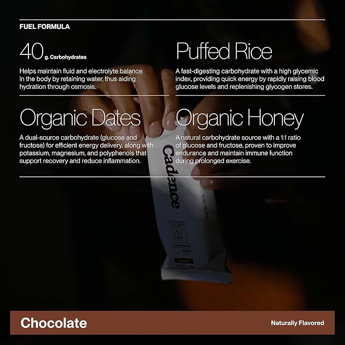 Cadence Chocolate Energy Bar - Case (50g x 12) | 40g Carb Blend with Organic Dates &amp Honey | Electrolytes for Hydration &amp Recovery | Natural Ingredients | Vegan-Friendly Fuel for Endurance Spo