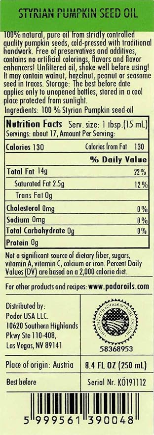 PÖDÖR Premium Styrian Pumpkin Seed Oil - 8.4 fl. Oz. - Cold-Pressed 100% Natural Unrefined and Unfiltered Vegan Gluten-Free Non-GMO in Glass Bottle