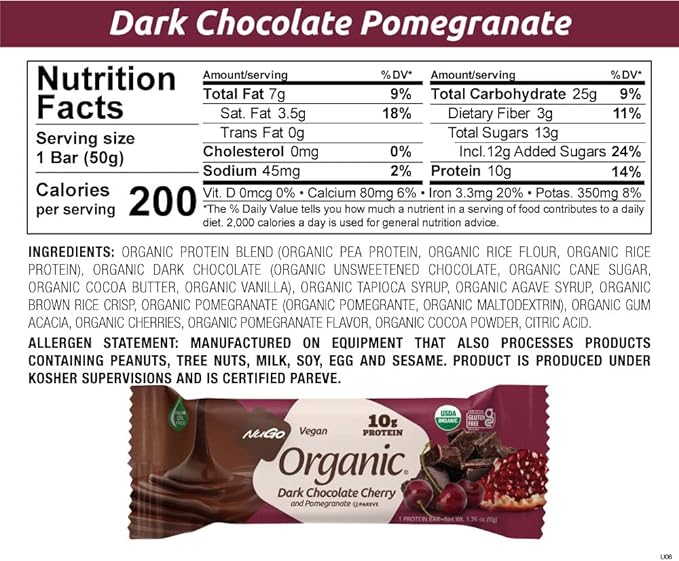 NuGo Organic Chocolate Pomegranate 10g Vegan Protein Gluten Free 12 Count