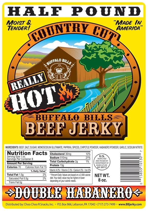Buffalo Bills 8oz Double Habanero Country Cut Beef Jerky Pack (moist &amp tender really hot beef jerky)