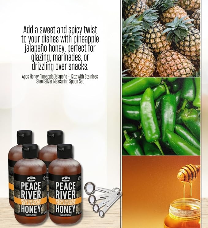 4x Peace River Honey Honey Pineapple Jalapeno 12 OZ Bundle with Measuring Spoon Set – Sweet and Spicy Blend with Pineapple Heat Plus Stainless Measuring Tools – Gift Set (5 Items)