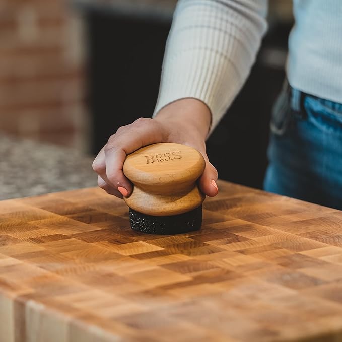 John Boos Oil &amp Cream Round Applicator for Wood Cutting Boards Butcher Blocks &amp Utensils Beechwood - Solid Hardwood Handle Silver Ion-Treated Sponge Storage Cap Easy and Even Application