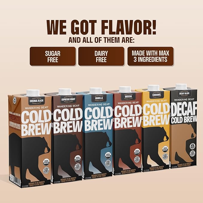 Wandering Bear Espresso Roast Organic Cold Brew Coffee - Extra Strong Bold Smooth No Sugar Added Shelf-Stable Ready to Drink &amp Vegan 100% Organic Iced Cold Brewed Coffee Drink - 32 fl oz 6 p