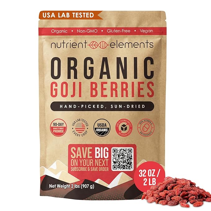 Nutrient Elements Goji Berries – 2 lb/32 oz – USDA Organic Raw Sun-Dried Hand-Picked – Extra Large Dried Berries – Resealable Bag – Naturally Grown No Additives