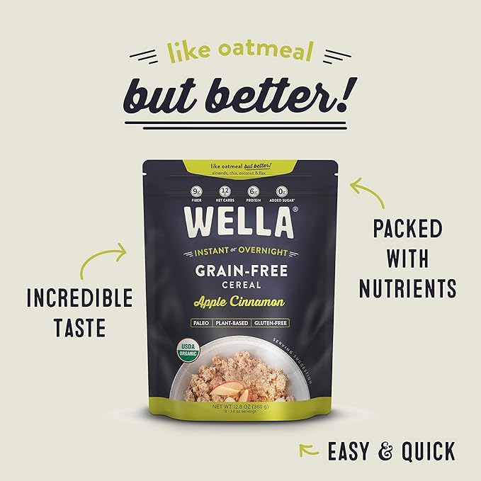 Wella Cereal Oatmeal Alternative Gluten-Free Breakfast Hot Cereal Grain-Free Paleo Organic Vegan High Protein Superfood Plant-Based Non-GMO Low in Net Carbs Multi-Serve Bags Bundle Original &amp